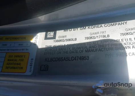 2020 Chevrolet Spark 1Lt из США, поврежденный, VIN KL8CD6SA5LC474953